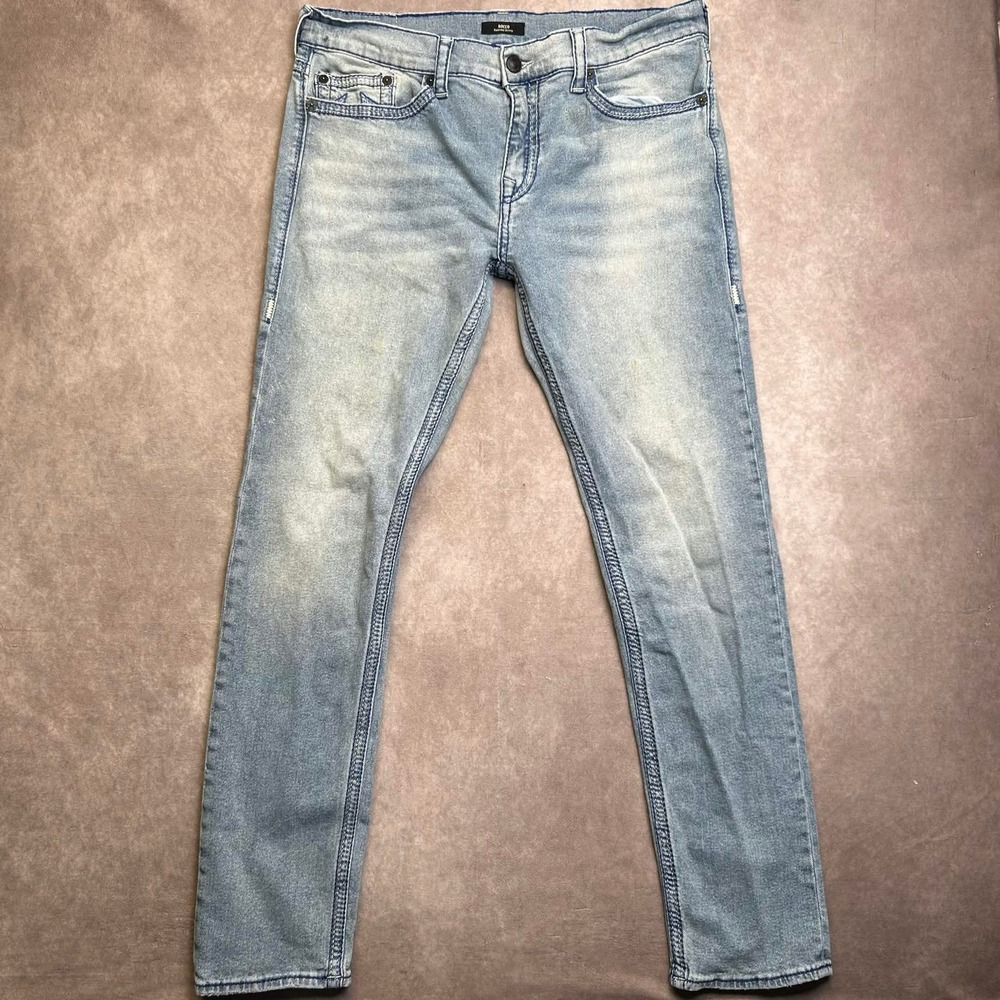 True Religion Rocco Relaxed Skinny Jeans Mens 38x34 Light Wash Blue Thick Stitch